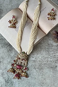 Gold Finish Pearl Motif Long Necklace Set