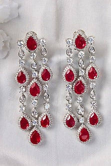 White Finish Red Stone & Zircon Dangler Earrings