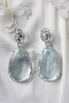 White Finish Aqua Synthetic Stone Tear Drop Dangler Earrings