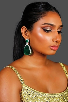 White Finish Green Synthetic Stone Tear Drop Dangler Earrings