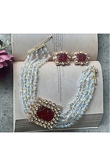 Gold Finish Red Stone & Kundan Polki Choker Necklace Set