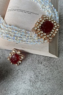 Gold Finish Red Stone & Kundan Polki Choker Necklace Set