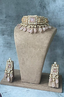 Gold Finish Kundan Polki & Pink Stone Choker Necklace Set