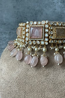Gold Finish Kundan Polki & Pink Stone Choker Necklace Set