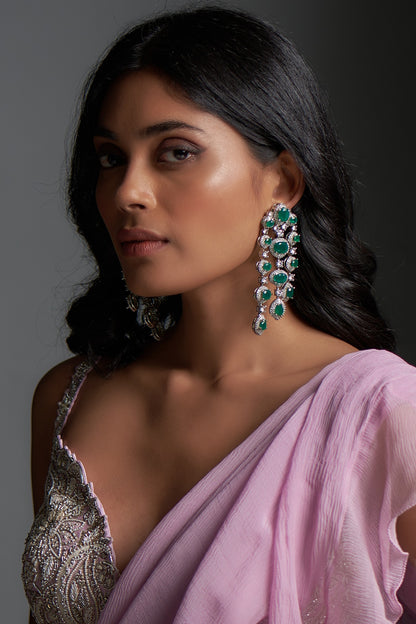 White Finish Zircon & Green Stone Dangler Earrings
