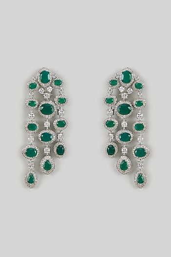 White Finish Zircon & Green Stone Dangler Earrings