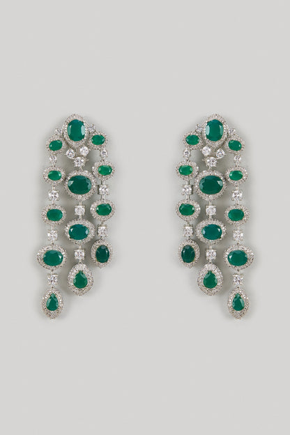 White Finish Zircon & Green Stone Dangler Earrings
