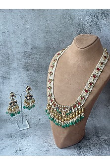 Gold Finish Pachi Kundan Polki & Pearl Long Necklace Set