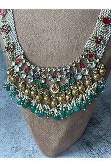 Gold Finish Pachi Kundan Polki & Pearl Long Necklace Set