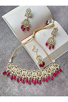 Gold Finish Kundan Polki & Red Beaded Choker Necklace Set