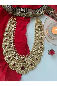 Gold Finish Kundan Polki & Red Stone Long Necklace