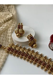 Gold Finish Temple Motif Long Necklace Set