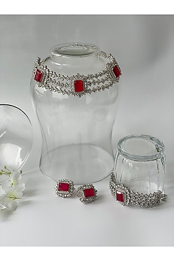 White Finish Zircon & Ruby Choker Necklace Set
