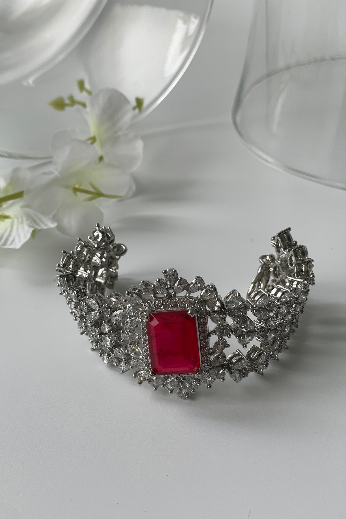 White Finish Zircon & Ruby Choker Necklace Set