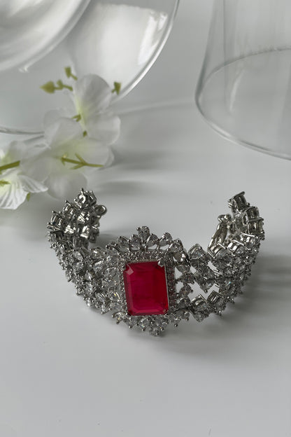 White Finish Zircon & Ruby Choker Necklace Set