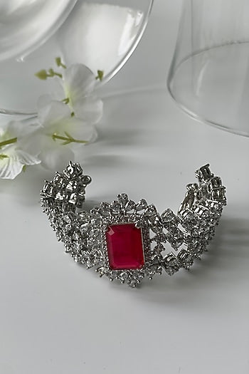 White Finish Zircon & Ruby Choker Necklace Set
