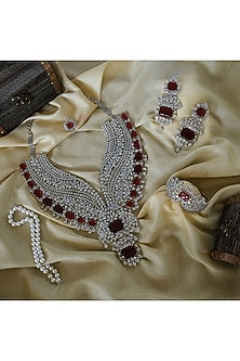 White Finish Zircon & Red Stone Long Necklace Set
