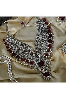 White Finish Zircon & Red Stone Long Necklace Set