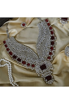 White Finish Zircon & Red Stone Long Necklace Set