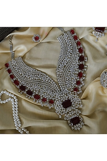 White Finish Zircon & Red Stone Long Necklace Set