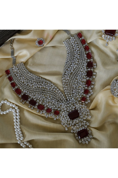 White Finish Zircon & Red Stone Long Necklace Set