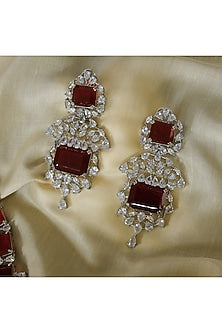 White Finish Zircon & Red Stone Long Necklace Set