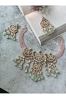 Gold Finish Pastel Kundan Polki Choker Necklace Set