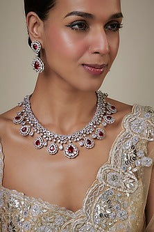 White Finish Zircon & Red Stone Necklace Set