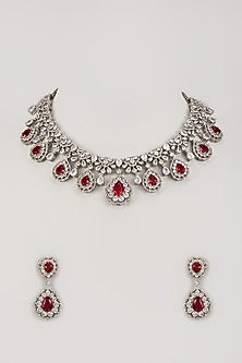 White Finish Zircon & Red Stone Necklace Set