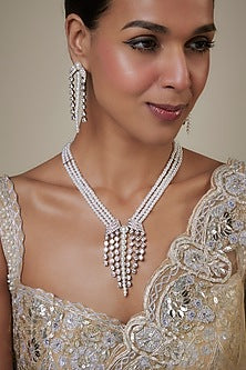 White Finish Zircon & Pearl Long Necklace Set