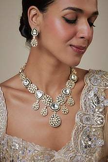 Gold Finish Kundan Polki Green Enameled Long Necklace Set