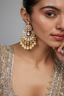 Gold Finish Kundan Polki & Pearl Chandbali Earrings