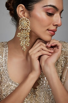 Gold Finish Kundan Polki & Beaded Layered Dangler Earrings