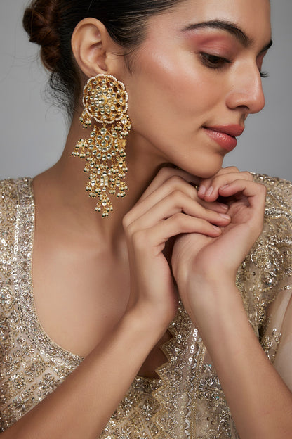 Gold Finish Kundan Polki & Beaded Layered Dangler Earrings