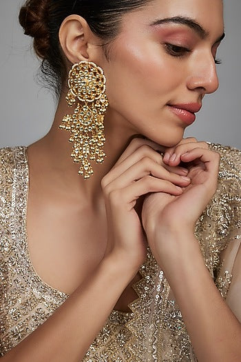 Gold Finish Kundan Polki & Beaded Layered Dangler Earrings