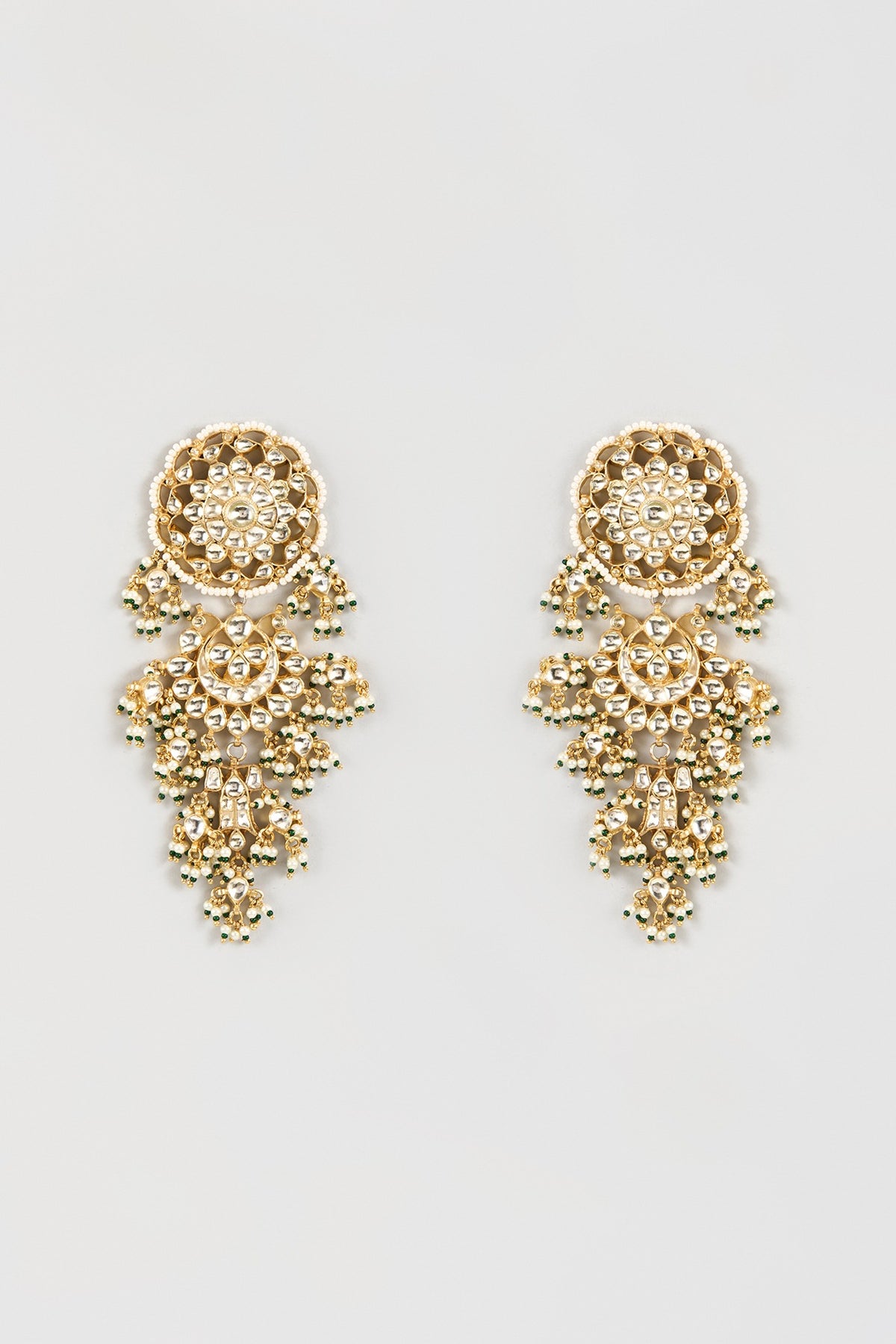 Gold Finish Kundan Polki & Beaded Layered Dangler Earrings