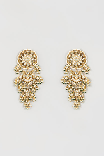 Gold Finish Kundan Polki & Beaded Layered Dangler Earrings