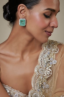White Finish Zircon & Double Green Stone Dangler Earrings