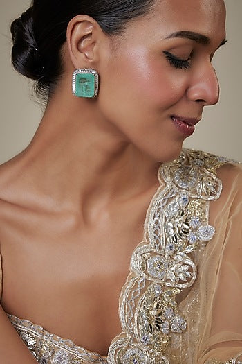 White Finish Zircon & Double Green Stone Dangler Earrings