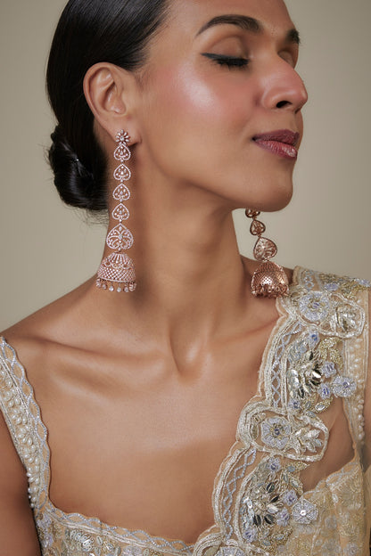 Rose Gold Finish Zircon Long Jhumka Earrings