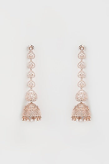 Rose Gold Finish Zircon Long Jhumka Earrings