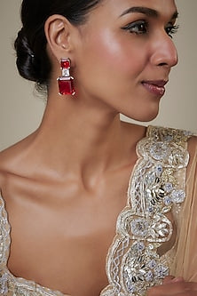White Finish Zircon & Red Stone Dangler Earrings