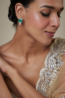 White Finish Zircon & Faux Emerald Stone Stud Earrings