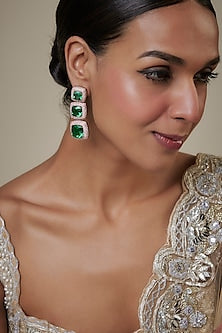 Rose Gold Finish Zircons & Green Stone Layered Earrings