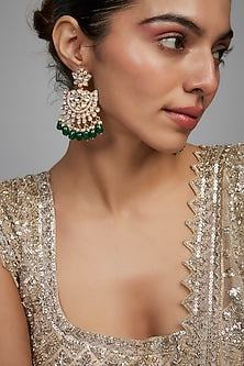 Gold Finish Kundan Polki & Green Beaded Chandbali Earrings