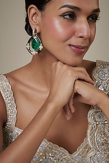 Gold Finish Zircon & Green Stone Enameled Dangler Earrings