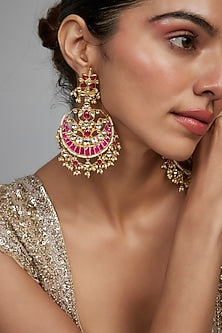 Gold Finish Pachi Kundan Polki & Multi-Colored Stone Chandbali Earrings