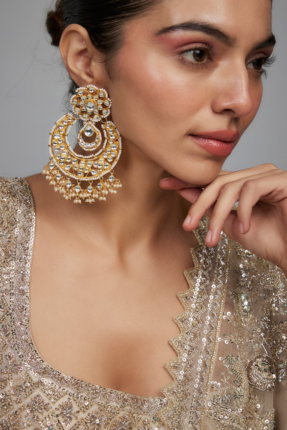 Gold Finish Kundan Polki & Pearl Chandbali Earrings