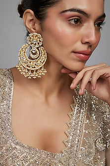 Gold Finish Kundan Polki & Pearl Chandbali Earrings