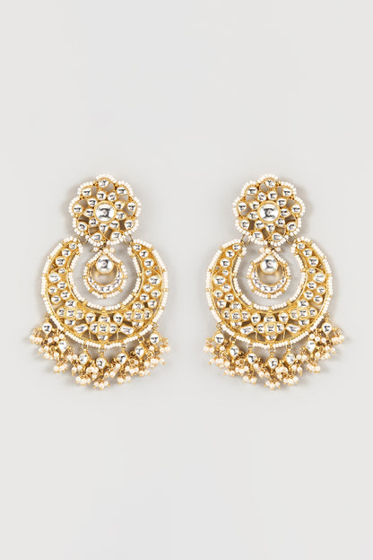 Gold Finish Kundan Polki & Pearl Chandbali Earrings